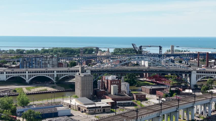 Aerial footage along the waterfront of Lake Erie in Cleveland Ohio USA