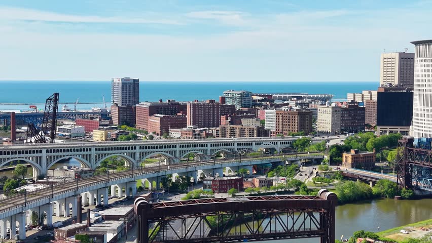 Aerial footage of Skyscrapers and office buildings in the skyline in downtown Cleveland Ohio USA