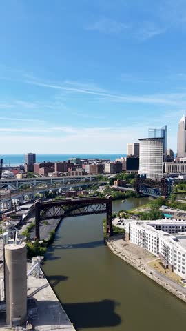 Aerial footage of Skyscrapers and office buildings in the skyline in downtown Cleveland Ohio USA