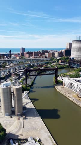 Aerial footage of Skyscrapers and office buildings in the skyline in downtown Cleveland Ohio USA