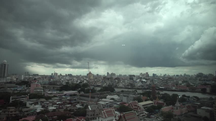 Cityscape of Bangkok during heavy rain in the monsoon season, Bangkok, Thailand.