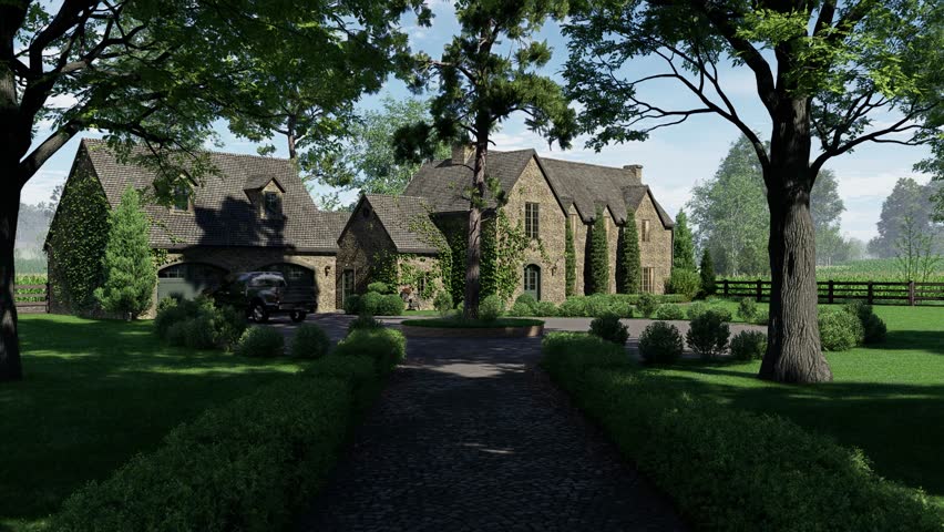 A charming English-style stone cottage featuring a classic facade covered with green ivy, surrounded by a manicured lawn and neat round bushes on a bright day. 3D Illustration