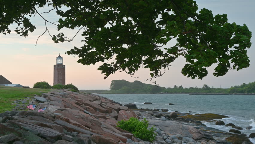 Groton, Connecticut, USA – Avery Point Lighthouse At Sunrise During Coastal Storm