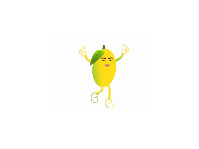 Cute smiling cartoon mango character with arms, legs, and a green leaf, giving two thumbs up on a clean white background. Fun and colorful animated fruit mascot suitable for stickers, children