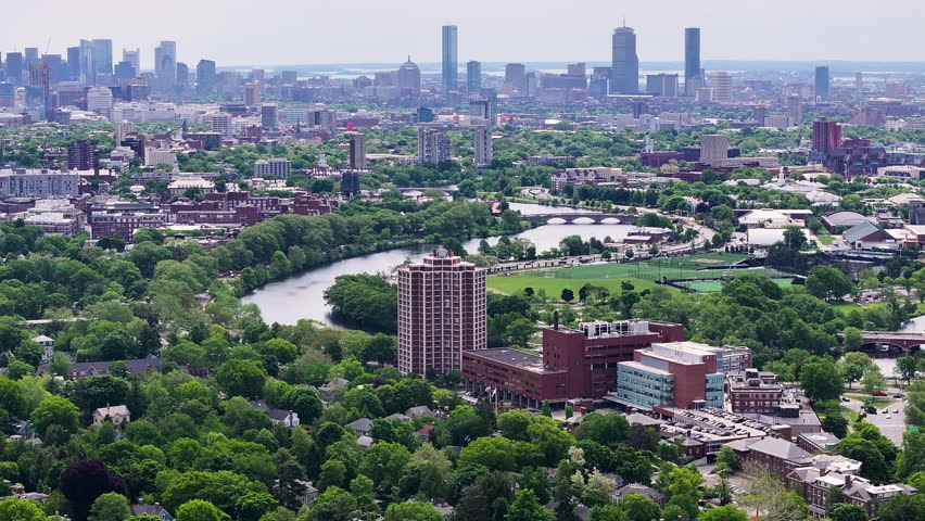 Aerial View of Harvard University Campus, Charles River, and Boston Skyline
