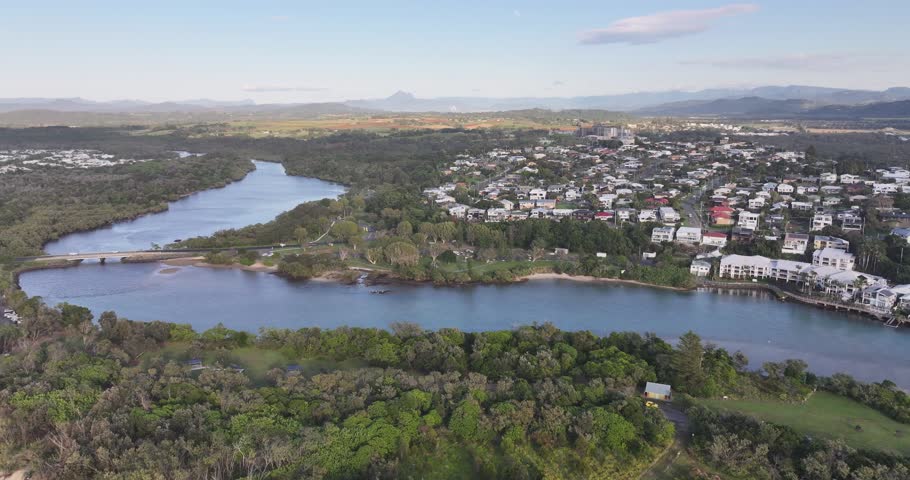 Aerial views of South Kingscliff beach with Mount Warning (Wollumbin) in the background along the east coast of New South Wales, Australia