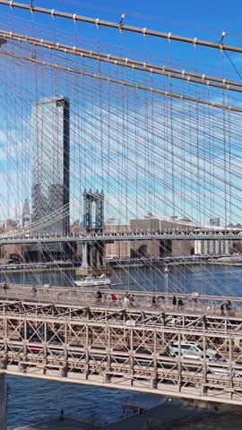 Brooklyn Bridge At Manhattan In New York United States. Highrise Buildings Scenery. Manhattan Bridge Landscape. Brooklyn Bridge At New York United States. Downtown Cityscape.