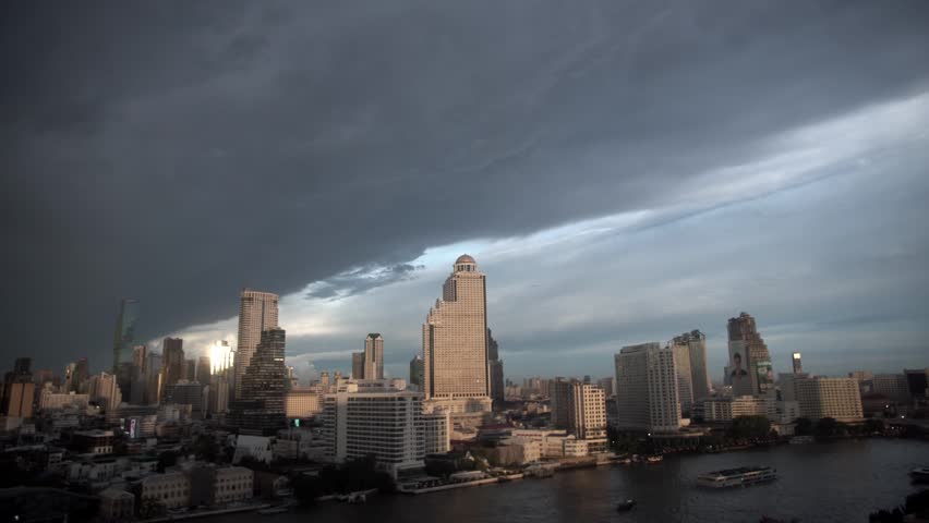 Cityscape of Bangkok during heavy rain in the monsoon season, Bangkok, Thailand.