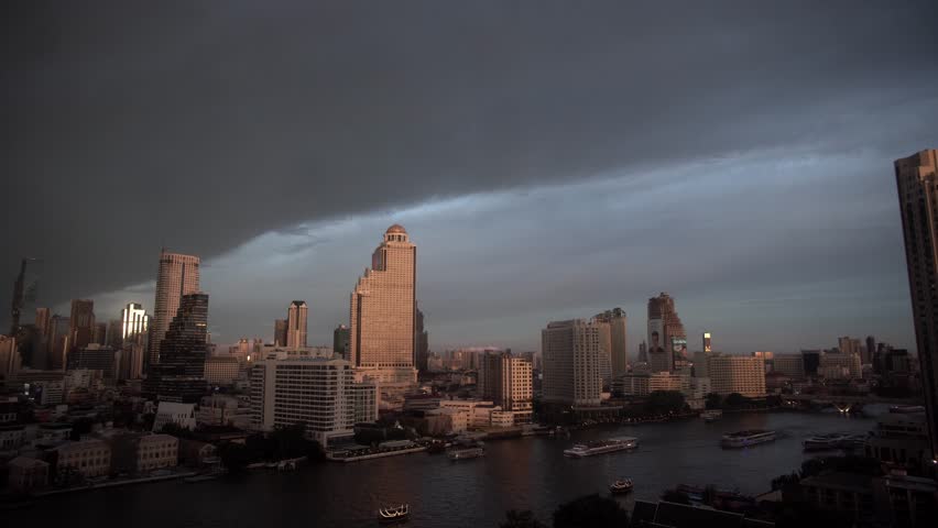 Cityscape of Bangkok during heavy rain in the monsoon season, Bangkok, Thailand.