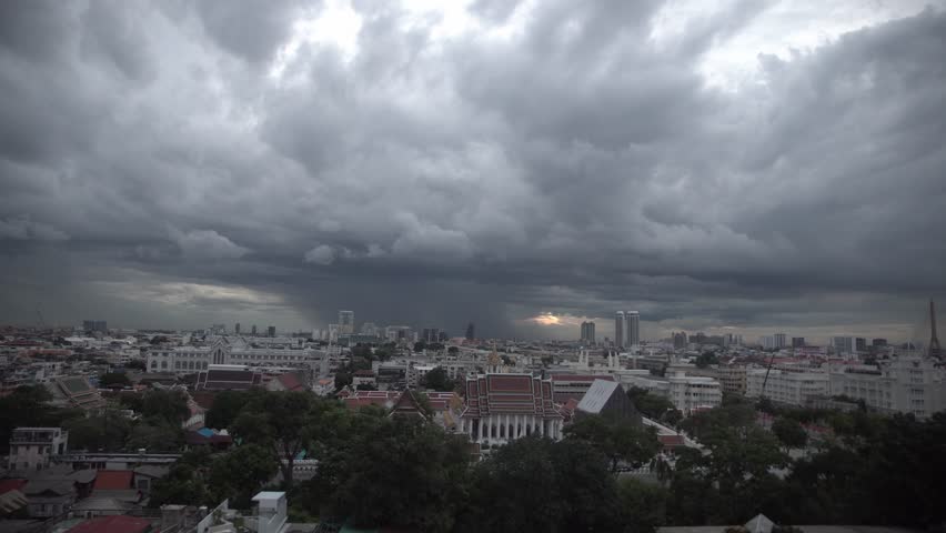 Cityscape of Bangkok during heavy rain in the monsoon season, Bangkok, Thailand.