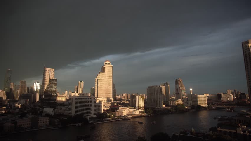 Cityscape of Bangkok during heavy rain in the monsoon season, Bangkok, Thailand.