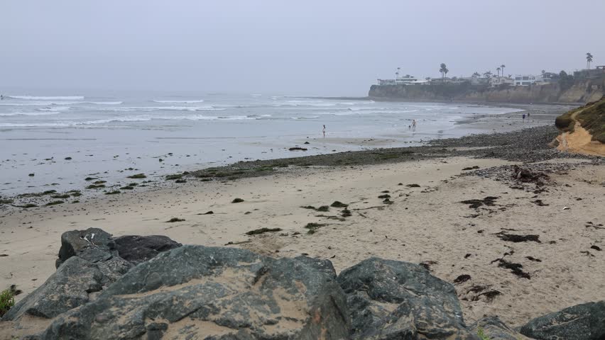 Misty shoreline with scattered seaweed, smooth sand, light surf, distant cliffs, palm trees, and quiet beachgoers at Tourmaline surfing park, North Pacific beach, San Diego California