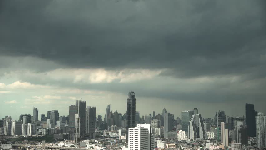 Cityscape of Bangkok during heavy rain in the monsoon season, Bangkok, Thailand.
