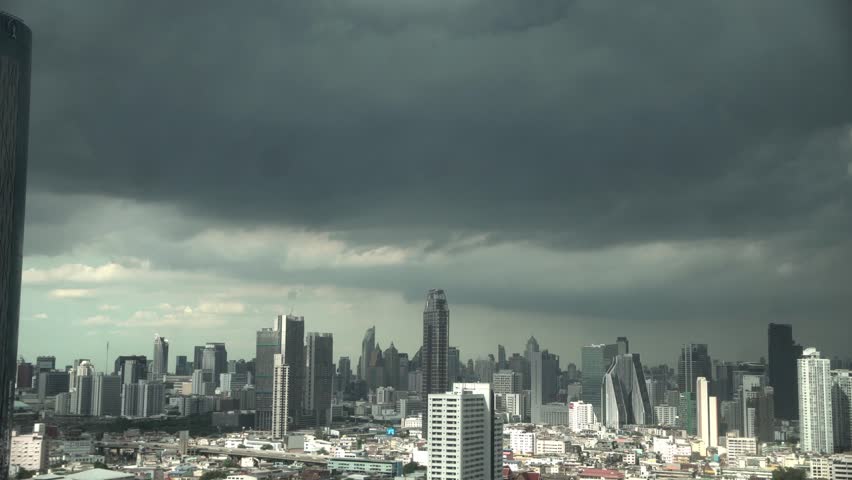 Cityscape of Bangkok during heavy rain in the monsoon season, Bangkok, Thailand.