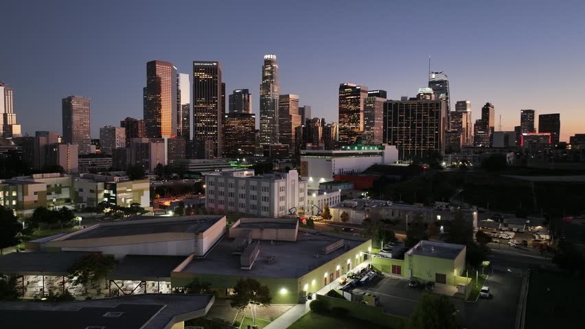 aerial night view of Los Angeles skyline, California, USA