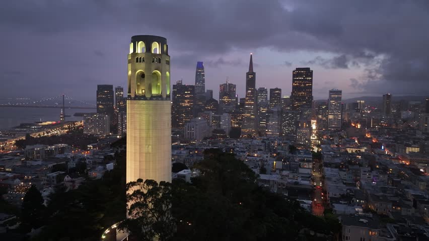 Aerial view of city skyline of San Francisco in the night, California, USA