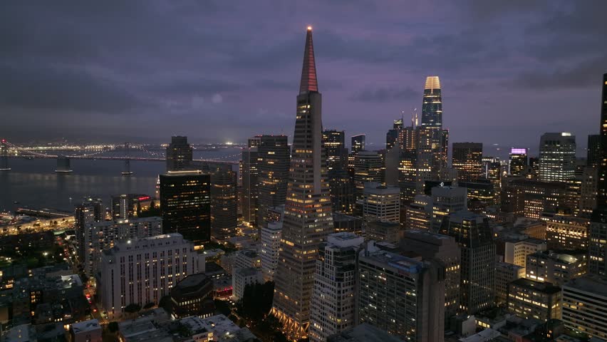 Aerial view of city skyline of San Francisco in the night, California, USA
