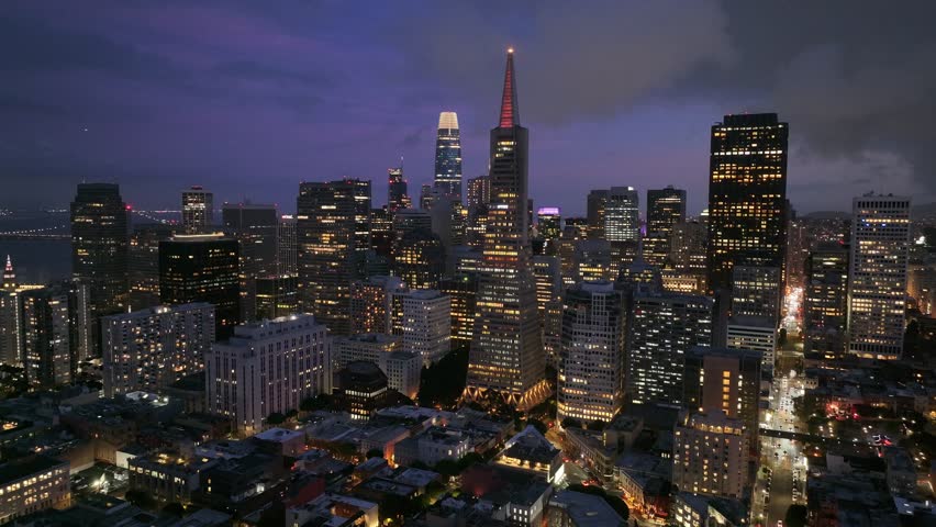 Aerial view of city skyline of San Francisco in the night, California, USA