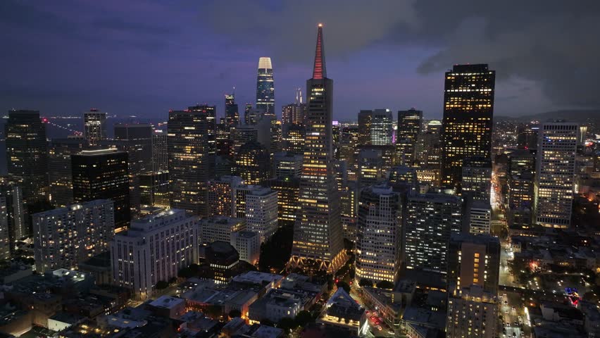 Aerial view of city skyline of San Francisco in the night, California, USA