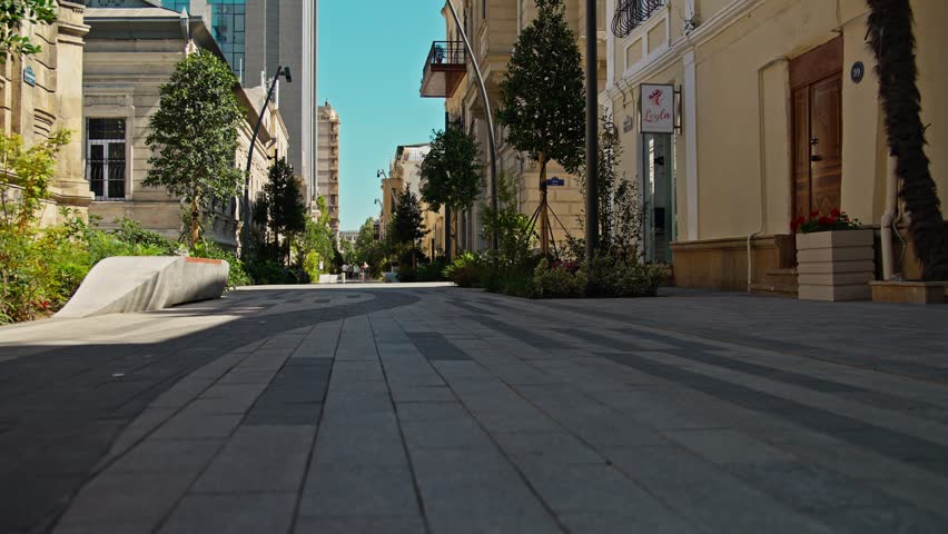 Low angle view of a quiet urban pedestrian street with trees and buildings in clear daylight