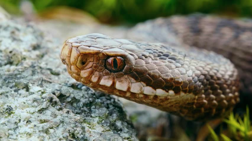 This high-production macro asset is an exceptional choice for nature documentaries, educational media, and herpetological research content. The extreme level of detail—from the distinct zigzag pattern and texture of the scales to the piercing focus of the adder’s eye—provides a visually immersive experience that commands viewer attention. Its technical precision and sharp contrast make this a broadcast-ready selection for any high-end production requiring professional-grade, character-driven nature B-roll of venomous reptiles.