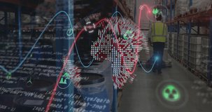 Animation of graphs, processing data and pixel globe over goods warehouse. Data, digital interface, connection, industry, processing, business and global communication, digitally generated video. - Powered by Shutterstock - Get 15% off with code: PIKWIZARD15