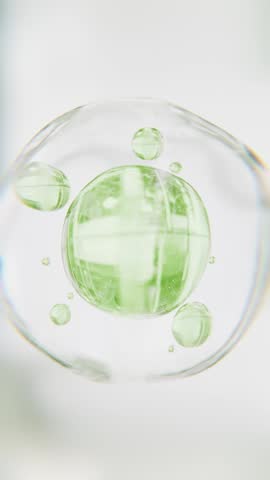 Cosmetics green serum liquid bubbles 3d abstract background. Cosmetic moisturizer essence gel. Collagen fluid bubble molecule. Moisturizing cream or oil. Personal health care and beauty skin concept