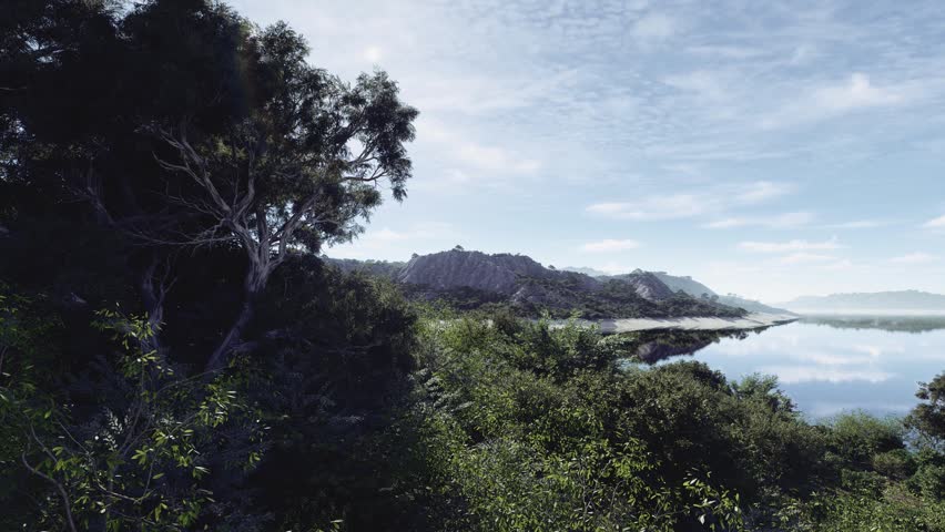 A panoramic view of a calm blue lake reflecting distant rocky hills, with dense green trees and vegetation in the foreground and birds flying under a bright cloudy sky. 3D Illustration