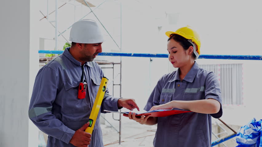 Building engineer construction helmet clipboard worker site uniform safety inspection team reviewing plans with tools scaffold focused renovation teamwork inside unfinished structure