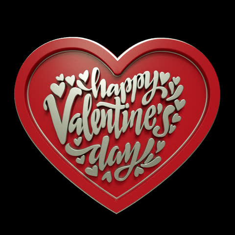 A red heart with elegant “Happy Valentine’s Day” lettering and decorative heart details rotating in a smooth 360-degree loop.