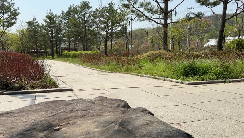 Large textured stone rock in the foreground of a quiet concrete park path surrounded by green trees