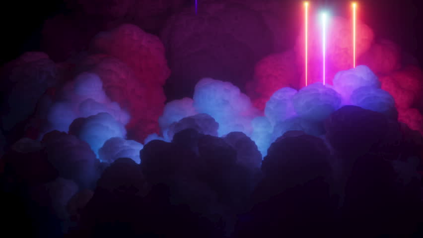 Seamless loop of neon light beams piercing through dark dramatic clouds. Red, orange, cyan, and purple shooting stars illuminate the cloud from within. 3d render motion.