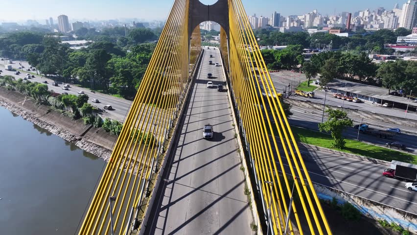 Iconic Bridge In Sao Paulo Brazil. Aerial View Of Landmark Bridge Showcasing Its Intricate Design . Downtown Cityscape. District Skyline. Sao Paulo Brazil.