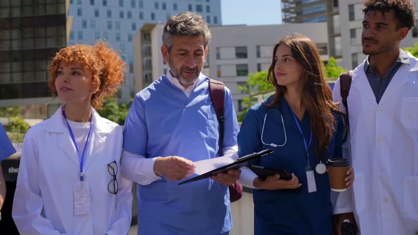 Multiracial group of medical students, nurses, and doctors walking and talking together outdoors, discussing clinical cases and collaborating on patient care near a modern hospital building