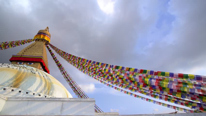 Boudhanath Stupa with Colorful Prayer Flags in Kathmandu Nepal, Sacred Buddhist Pilgrimage and UNESCO Heritage Site