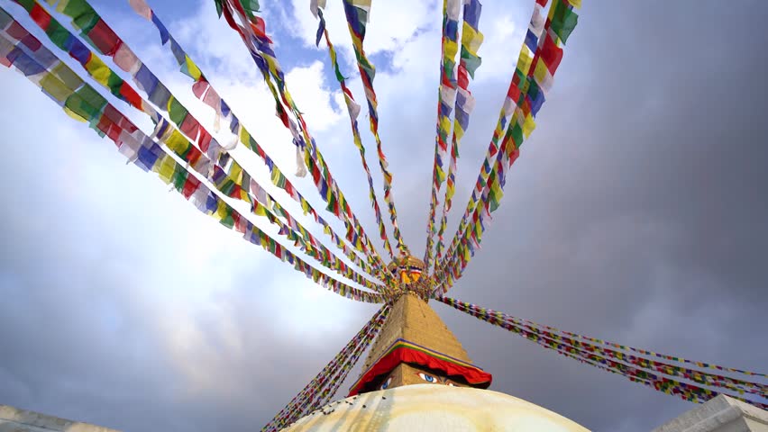 Boudhanath Stupa with Colorful Prayer Flags in Kathmandu Nepal, Sacred Buddhist Pilgrimage and UNESCO Heritage Site