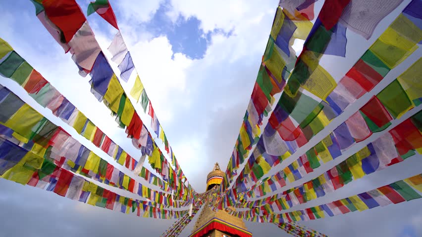 Boudhanath Stupa with Colorful Prayer Flags in Kathmandu Nepal, Sacred Buddhist Pilgrimage and UNESCO Heritage Site