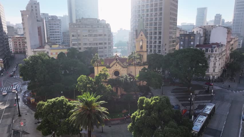 Paissandu Square In Sao Paulo Brazil. Bird Eye View Of Church Standing Tall Amidst Beautiful Scenery. District Skyline. Downtown Cityscape. Sao Paulo Brazil.