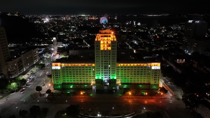 Military Engineering Institute In Rio De Janeiro Brazil. Highrise Building Dominating The Skyline Of The Downtown. Night Landmark Town. Cities Of The World Landscape. Rio de Janeiro Brazil.