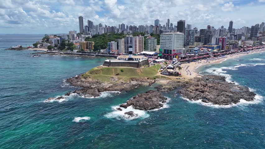 Barra Lighthouse In Salvador Bahia Brazil. Iconic Structure Of The Historic Lighthouse In A Coastal City. District Skyline. Cities Of The World Landscape. Salvador Bahia.
