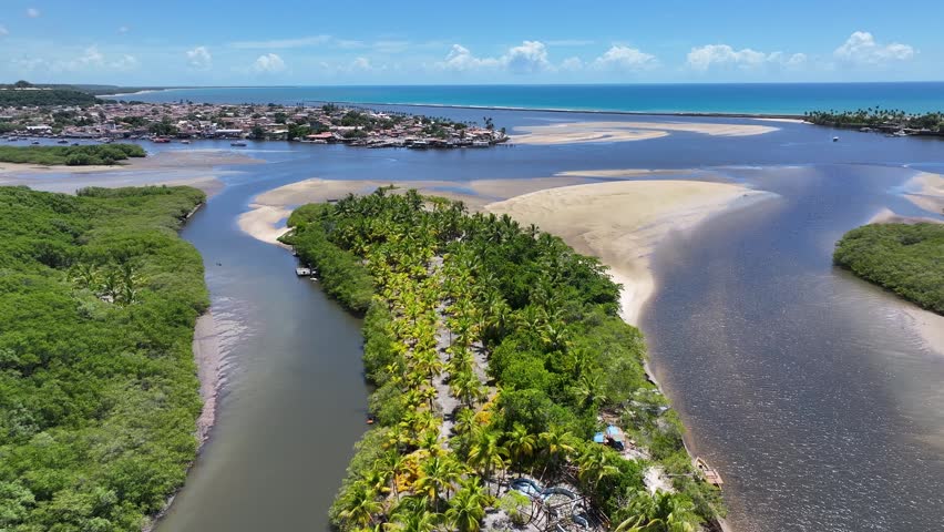Porto Seguro Skyline In Porto Seguro Bahia Brazil. Birds Eye View Of Stunning Dark River And Forest Trees. Tropical Skyline. Seaside Beach. Porto Seguro Bahia.