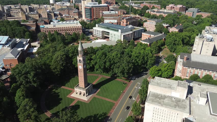 Aerial flyover view of University of North Carolina campus in Chapel Hill , North Carolina
