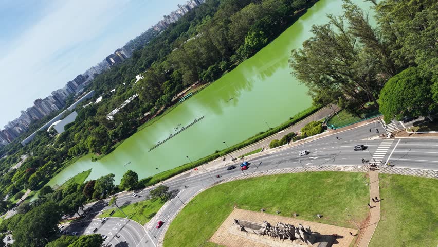 Ibirapuera Park In Sao Paulo Brazil. Aerial Landscape Of Famous Statue In A Natural Scenery. Cities Of The World. Landmark Downtown. Sao Paulo Brazil.