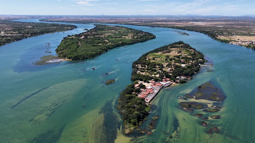 Sao Francisco River In Juazeiro Bahia Brazil. Birds Eye View Of Stunning Dark River And Forest Trees. Wildlife Landscape. Nature Amazon. Juazeiro Bahia.