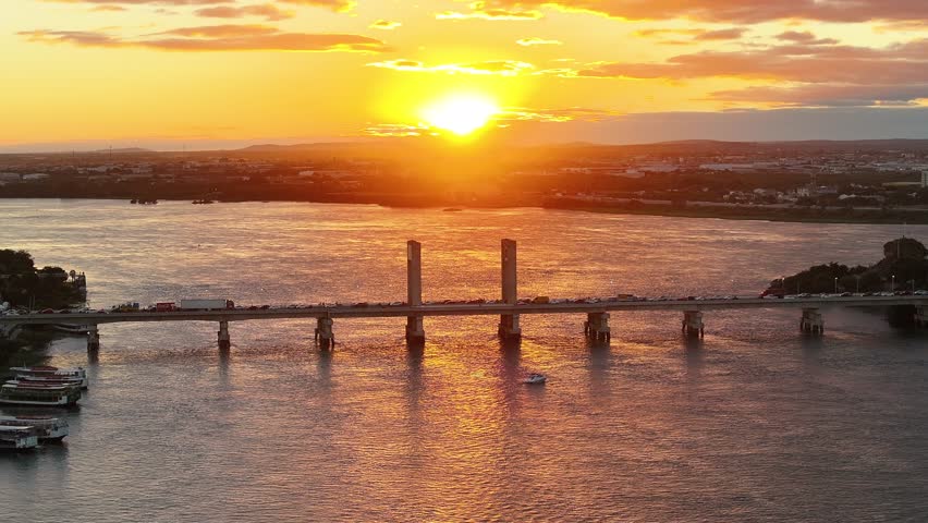 Sunset Dutra President Bridge In Petrolina Pernambuco Brazil. Birds Eye View Of Stunning Dark River And Forest Trees. Sunrise Cities Of The World. Landmark Cityscape. Petrolina Pernambuco.