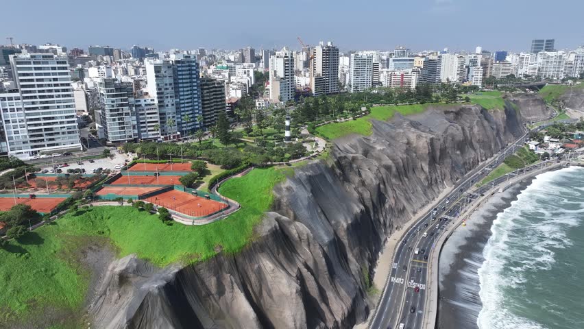 Lima Skyline In Miraflores Lima Peru. Aerial View Of A High-Rise Buildings And Traffic Showcasing Urban Life. Tropical Skyline. Bay Water Landscape. Miraflores Lima.