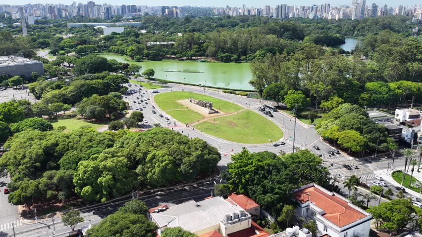 Ibirapuera Park In Sao Paulo Brazil. Aerial Landscape Of Famous Statue In A Natural Scenery. Landmark Town. Cities Of The World Landscape. Sao Paulo Brazil.