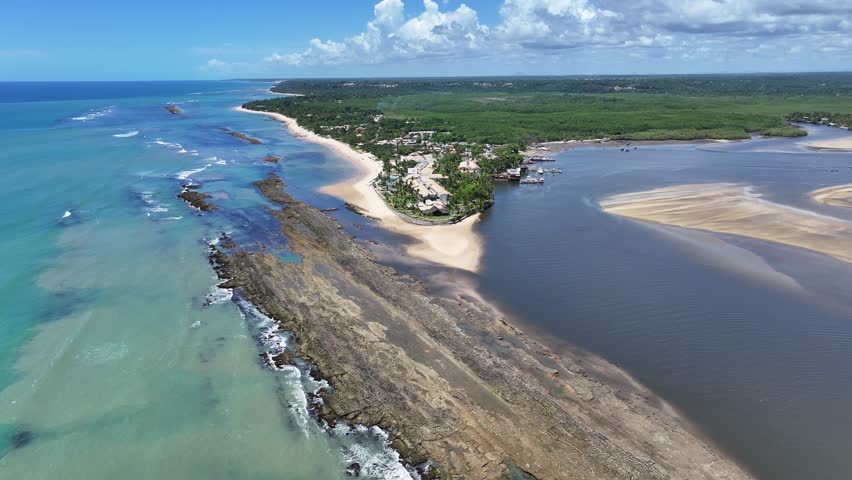 Buranhem River In Porto Seguro Bahia Brazil. Aerial View Of A River Surrounded By Lush Green Tropical Rainforest. Landmark Coast. Tropical Skyline. Porto Seguro Bahia.