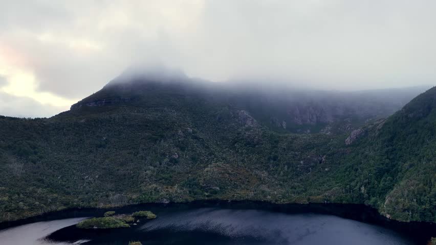 Aerial landscape view over Dove lake Cradle Mountain landmarks in Tasmania of Australia.