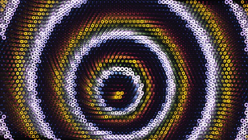 An abstract geometric design featuring a spiral composed of small circular dots. The color palette consists of brown, white, yellow, and black arranged in concentric layers.